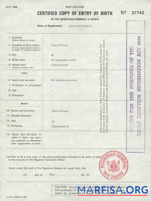 Blank New Zealand birth certificate template in PSD format